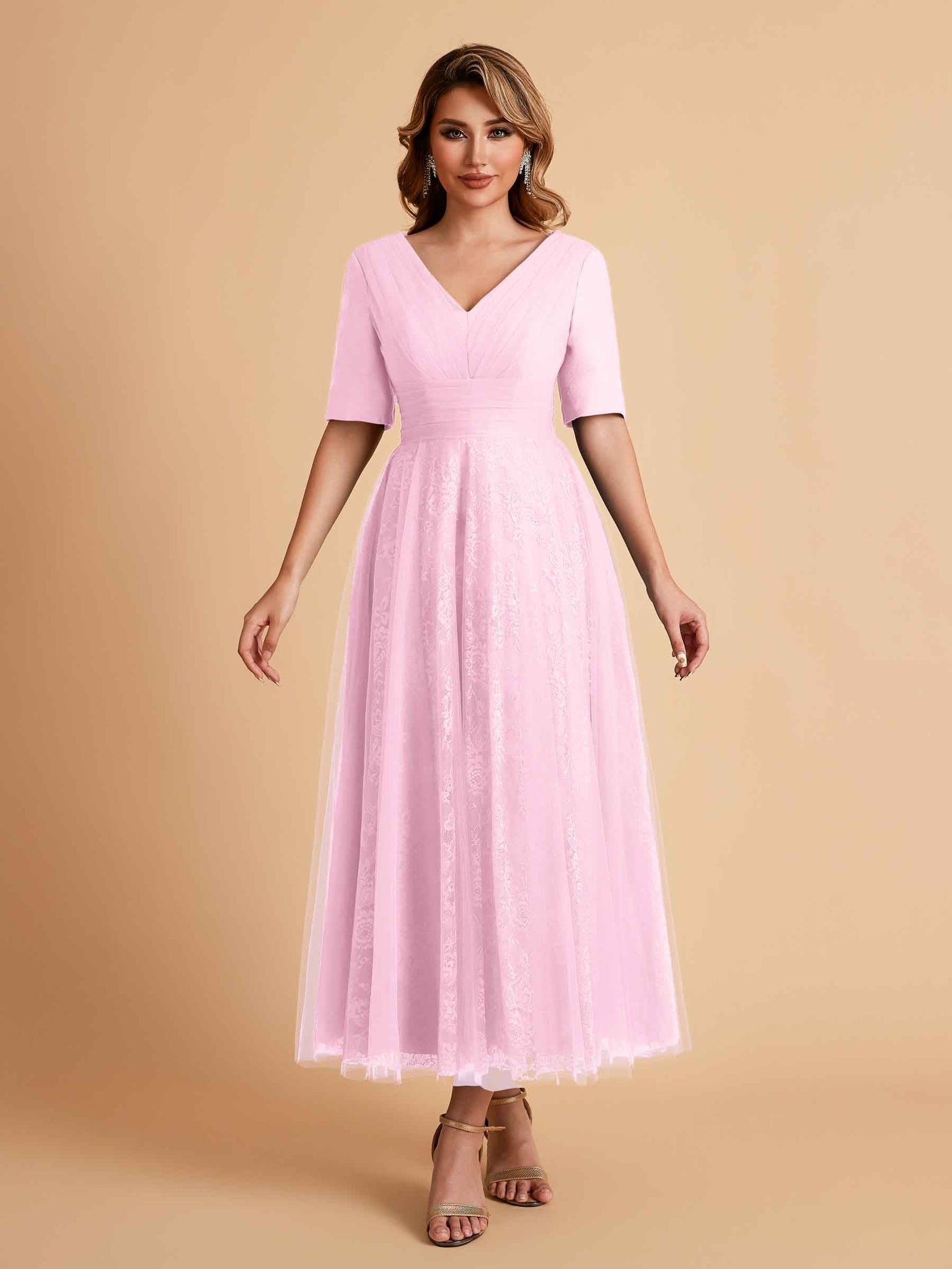 Elegant A-line Short Sleeves Tulle Lace V-neck Maxi Mother of the Brides Dresses Online UK
