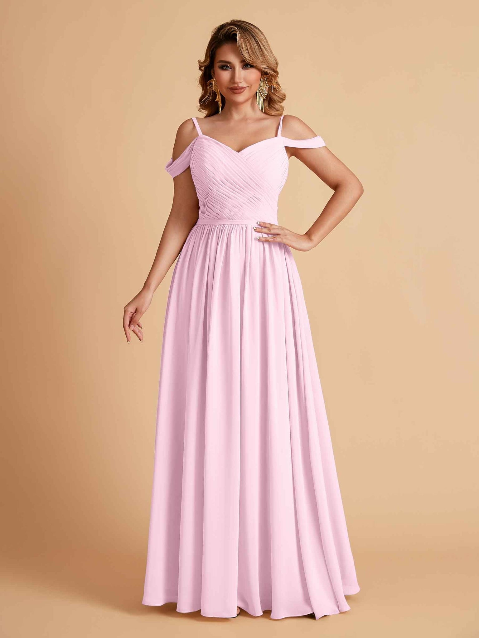 Elegant A-line Chiffon Off The Shoulder V-Neck Bridesmaid Dresses Online