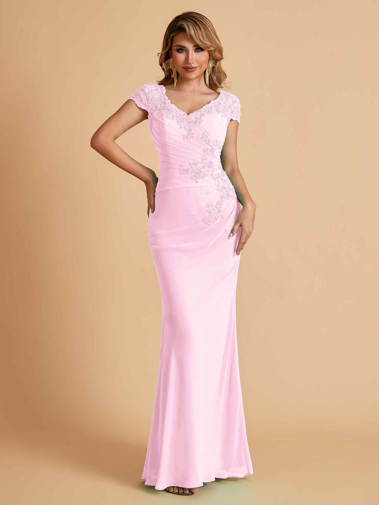 Elegant Mermaid Chiffon Cap Sleeves V-Neck Lace Mother of the Brides Dresses Online UK
