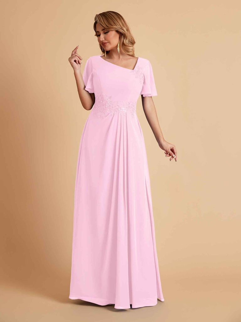 Elegant A-Line Chiffon Short Sleeves V-Neck Mother of the Brides Dresses Online