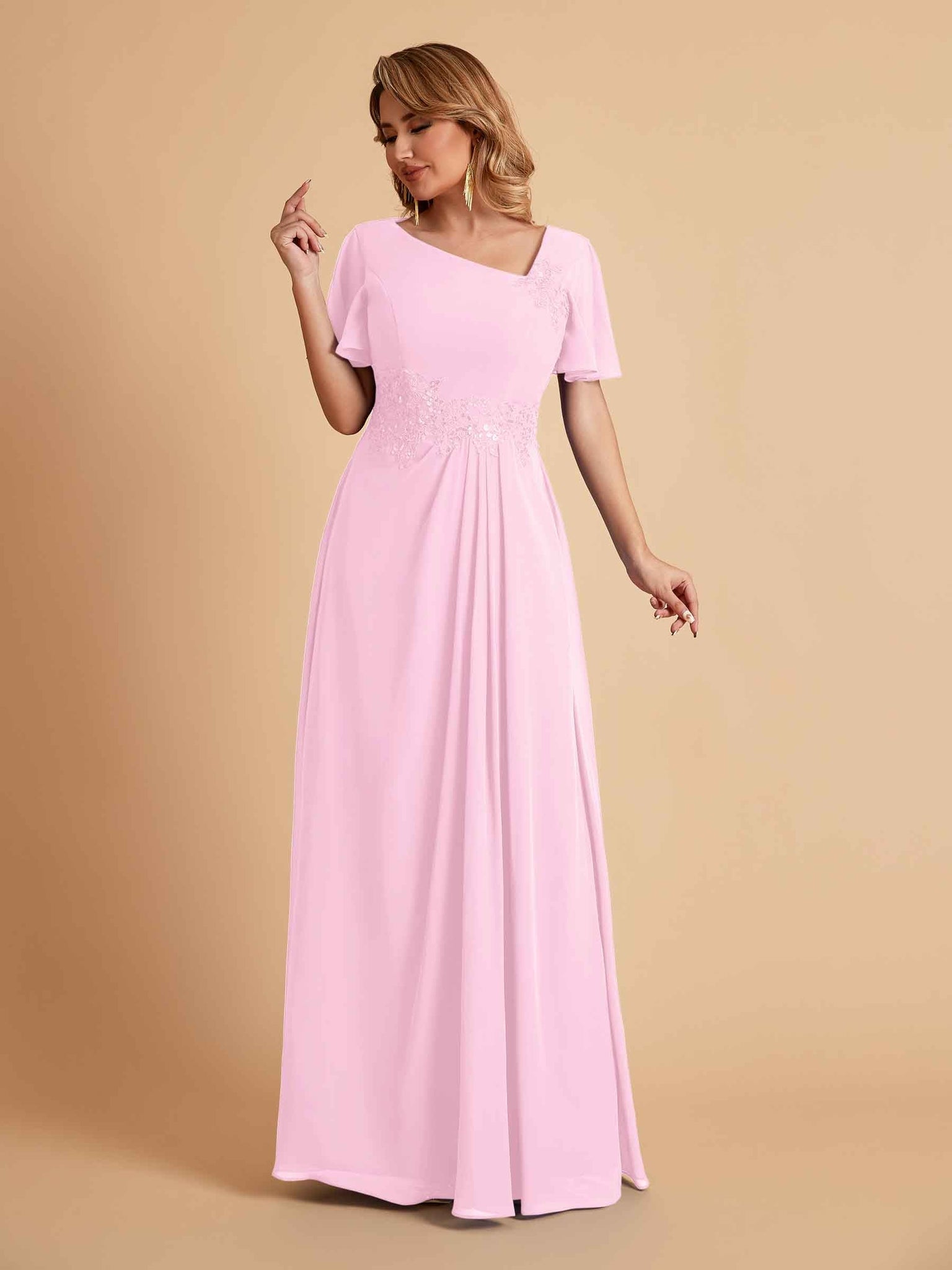 Elegant A-Line Chiffon Short Sleeves V-Neck Mother of the Brides Dresses Online