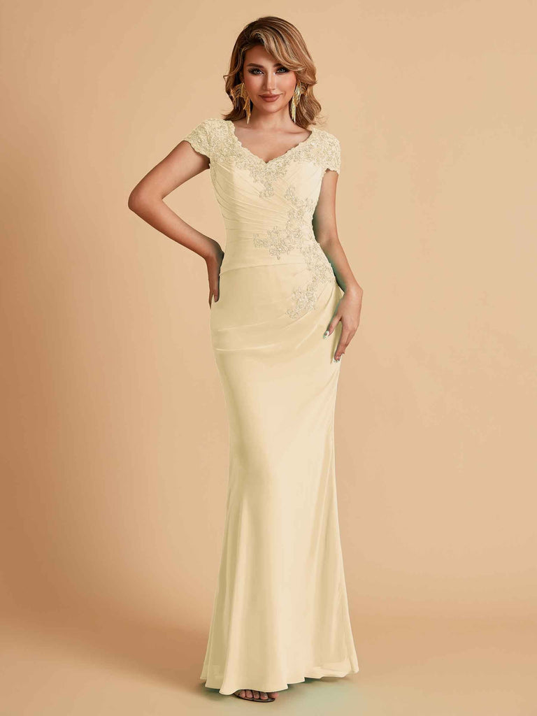 Elegant Mermaid Chiffon Cap Sleeves V-Neck Lace Mother of the Brides Dresses Online UK