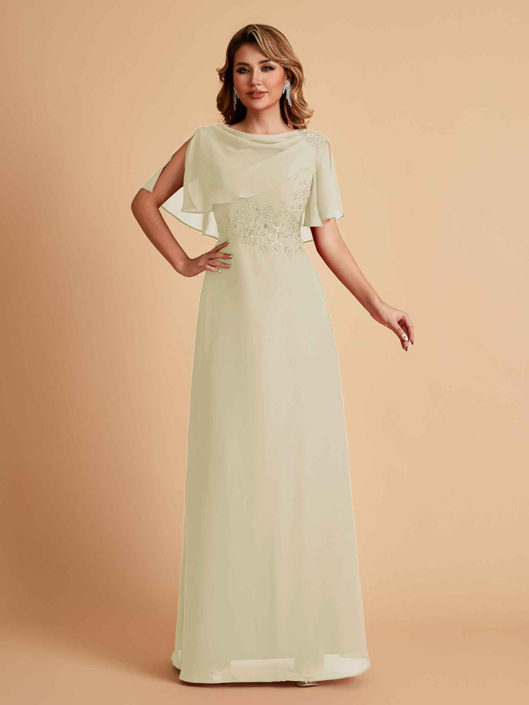 Elegant A-Line Chiffon Half Sleeves Cowl Neck Mother of the Brides Dresses Online UK