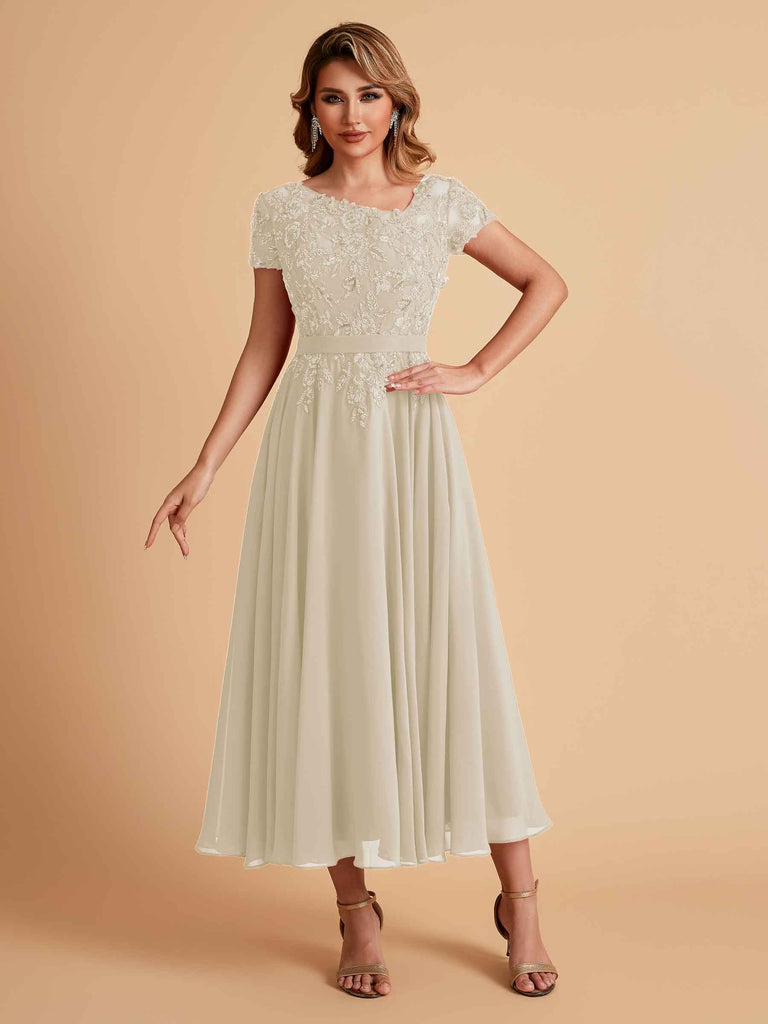 Elegant Chiffon Short Sleeves Short Midi Mother of the Brides Dresses UK Online