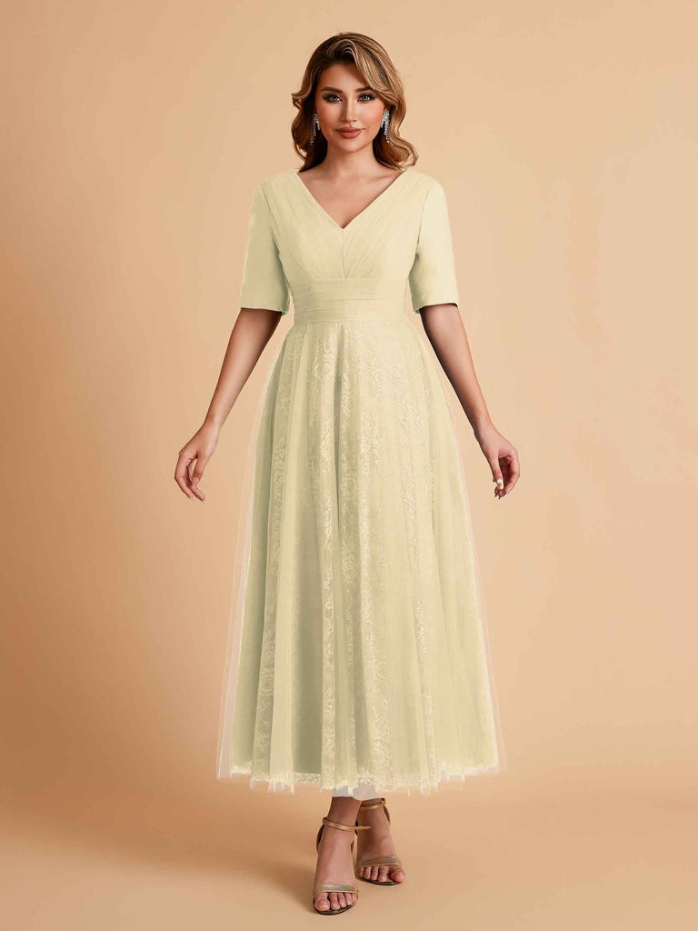 Elegant A-line Short Sleeves Tulle Lace V-neck Maxi Mother of the Brides Dresses Online UK