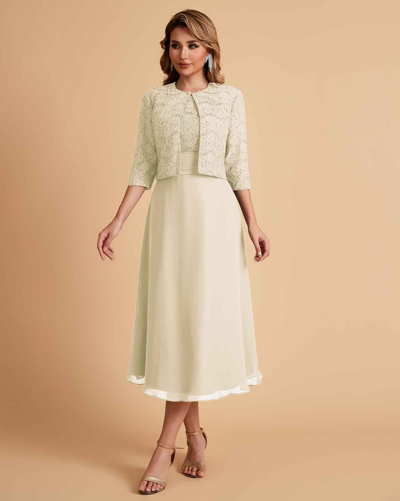 Elegant A-line Bateau Sleeveless Tea Length Short Mother of the Brides Dresses and Jacket