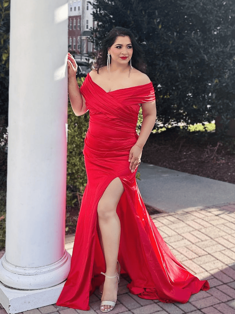 Sexy Side Slit Off The Shoulder Mermaid Satin Long Formal Wedding Bridesmaid Dresses