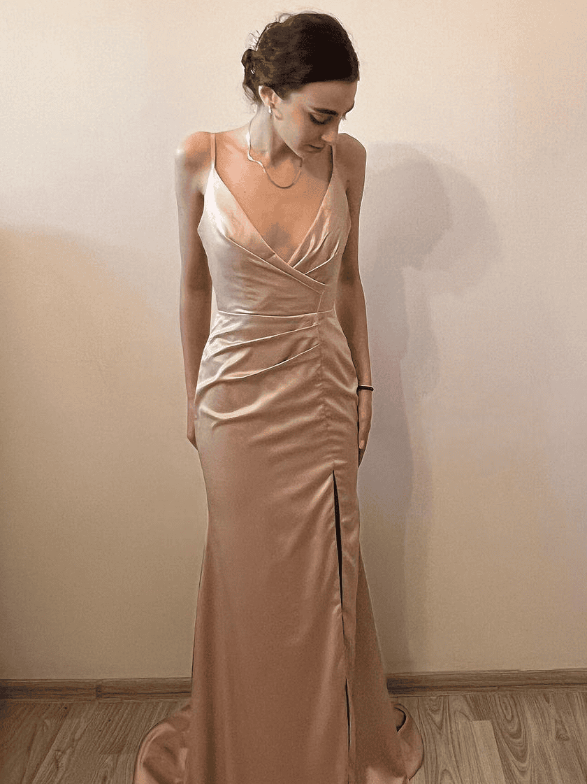 Sexy Soft Satin Side Slit Spaghetti Straps V-neck Floor-Length Mermaid Prom Dresses