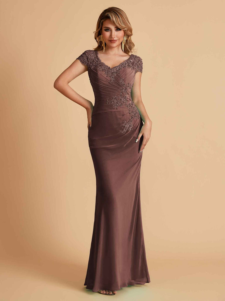 Elegant Mermaid Chiffon Cap Sleeves V-Neck Lace Mother of the Brides Dresses Online UK