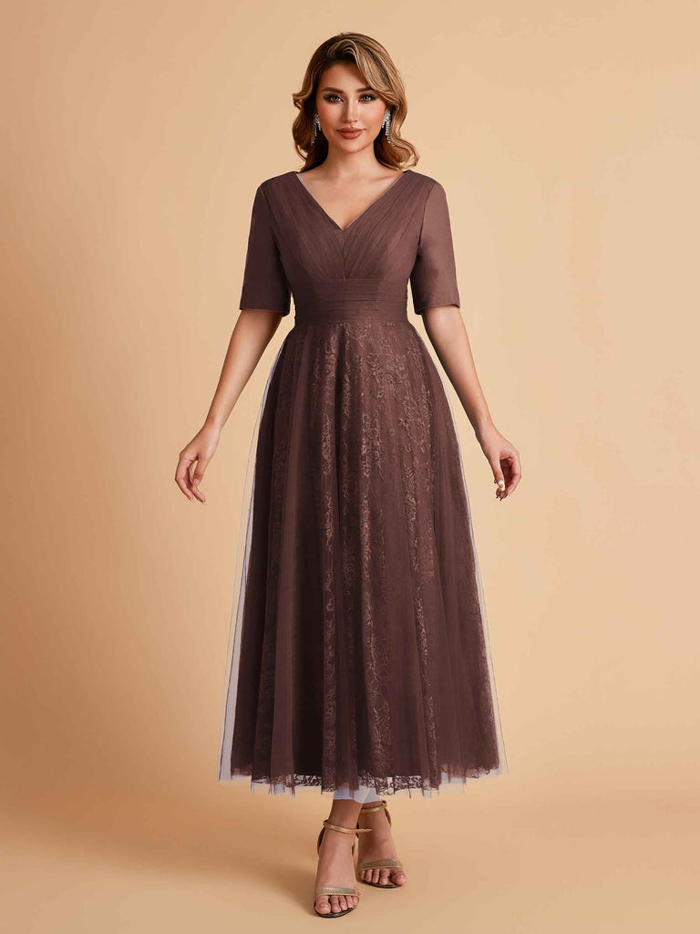Elegant A-line Short Sleeves Tulle Lace V-neck Maxi Mother of the Brides Dresses Online UK