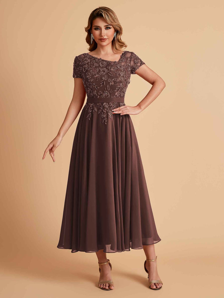 Elegant Chiffon Short Sleeves Short Midi Mother of the Brides Dresses UK Online