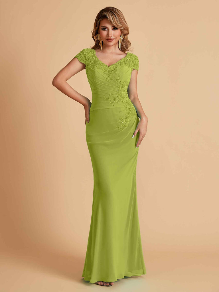 Elegant Mermaid Chiffon Cap Sleeves V-Neck Lace Mother of the Brides Dresses Online UK
