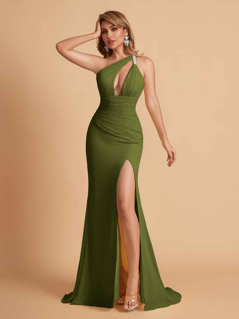 Sexy Mermaid One Shoulder Key Hole Long Bridesmaid Dresses Uk Slit