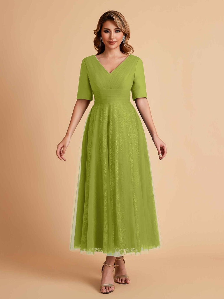 Elegant A-line Short Sleeves Tulle Lace V-neck Maxi Mother of the Brides Dresses Online UK
