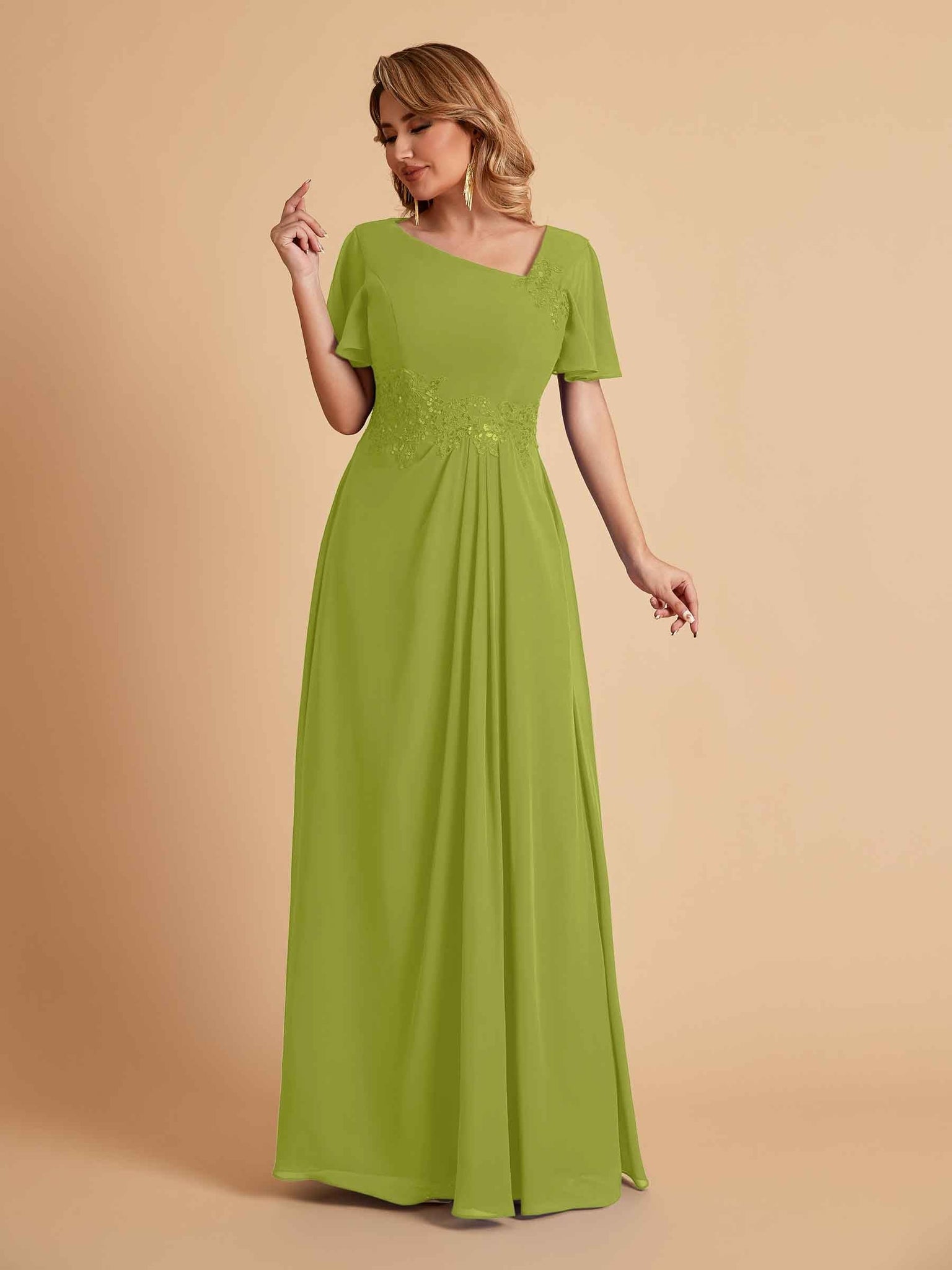 Elegant A-Line Chiffon Short Sleeves V-Neck Mother of the Brides Dresses Online
