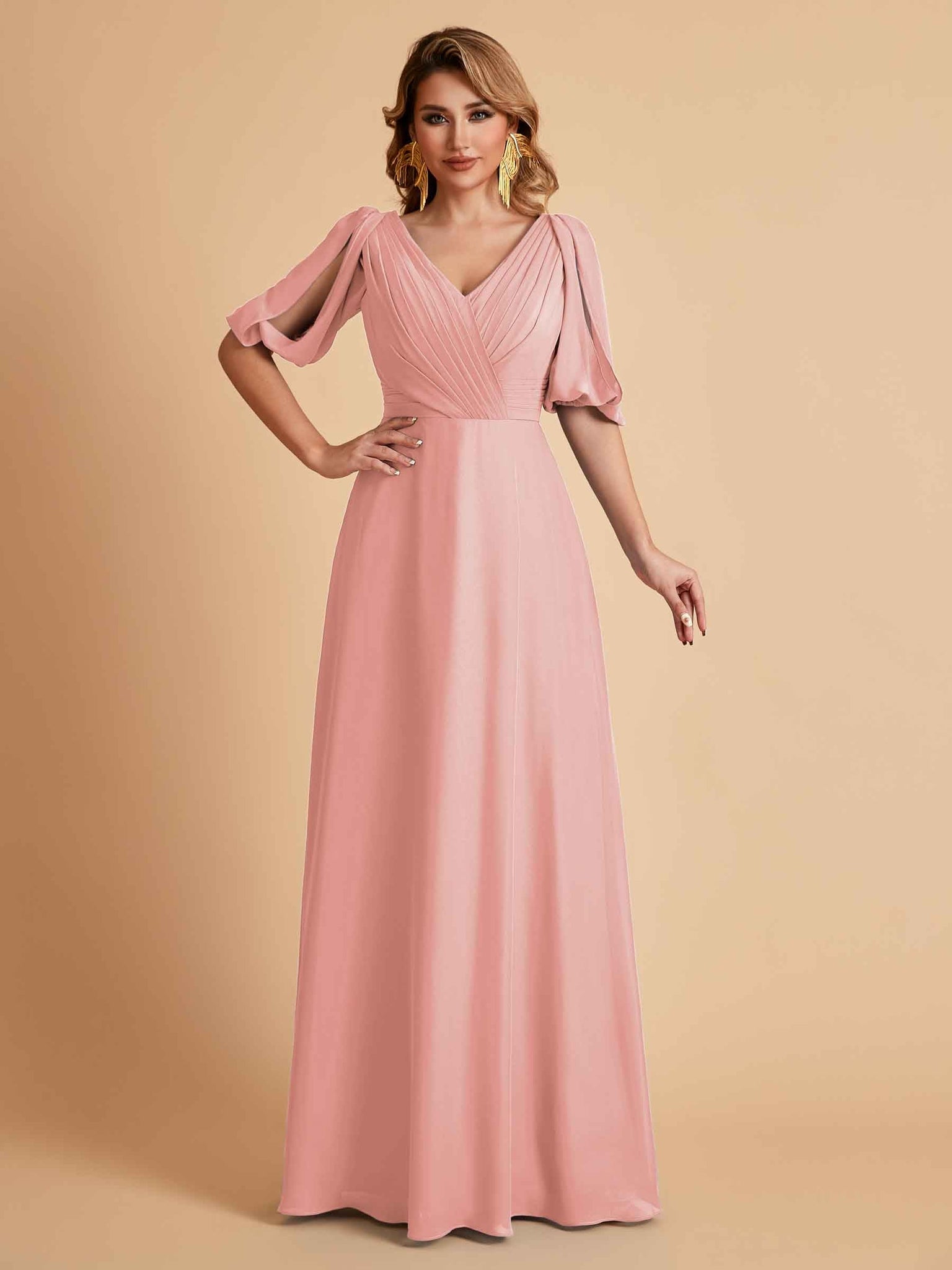 Elegant Chiffon Half Sleeves V-Neck Mother of the Brides Dresses UK Online