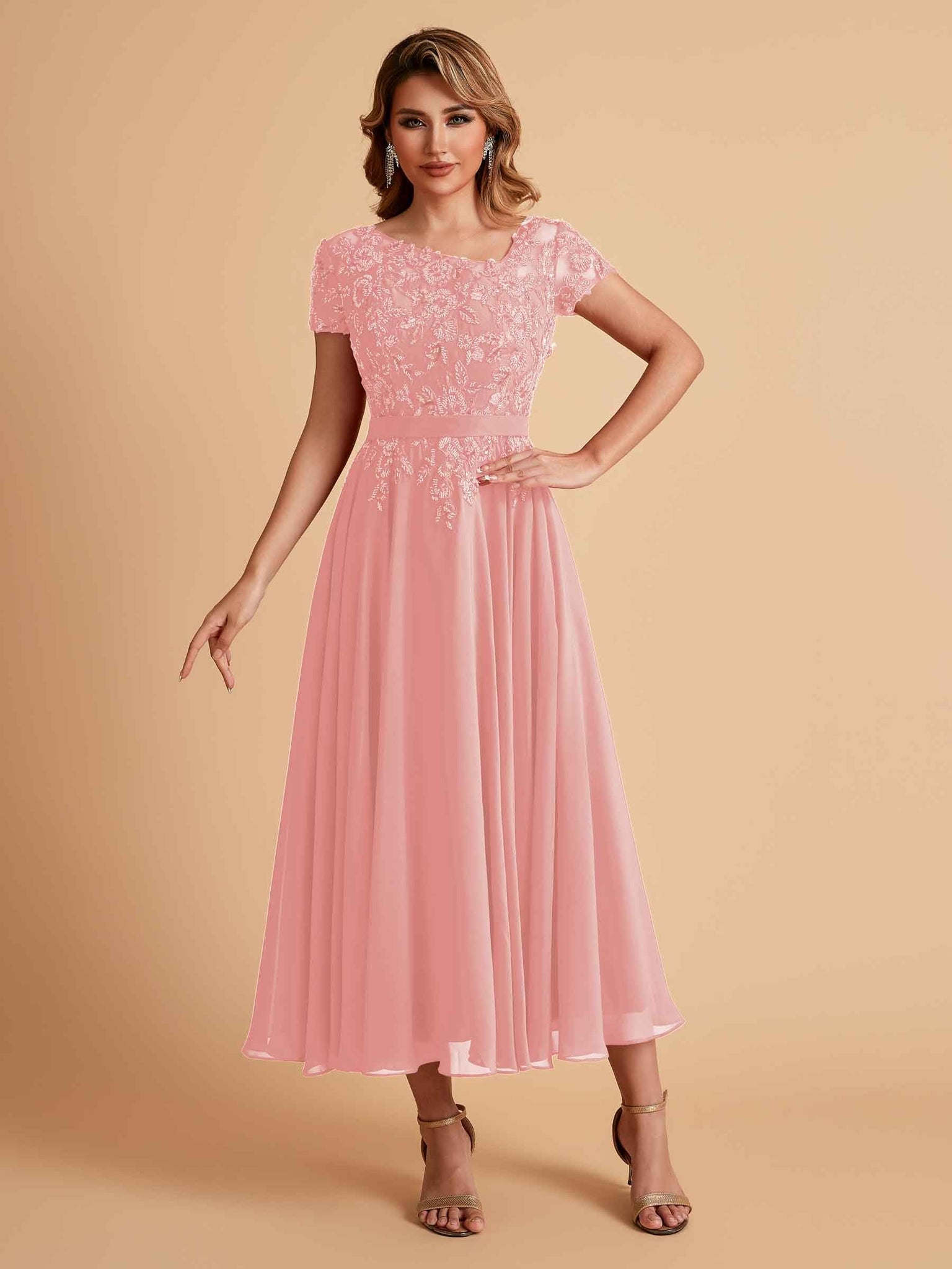 Elegant Chiffon Short Sleeves Short Midi Mother of the Brides Dresses UK Online