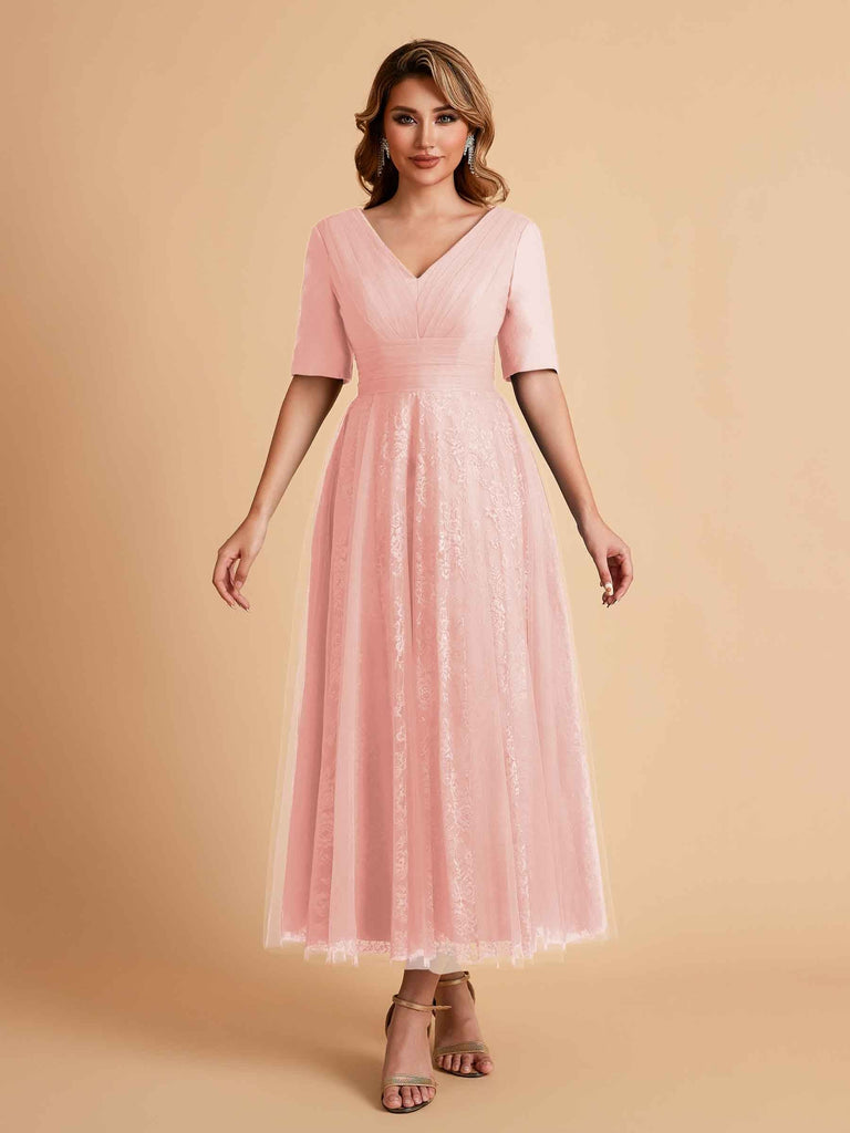 Elegant A-line Short Sleeves Tulle Lace V-neck Maxi Mother of the Brides Dresses Online UK