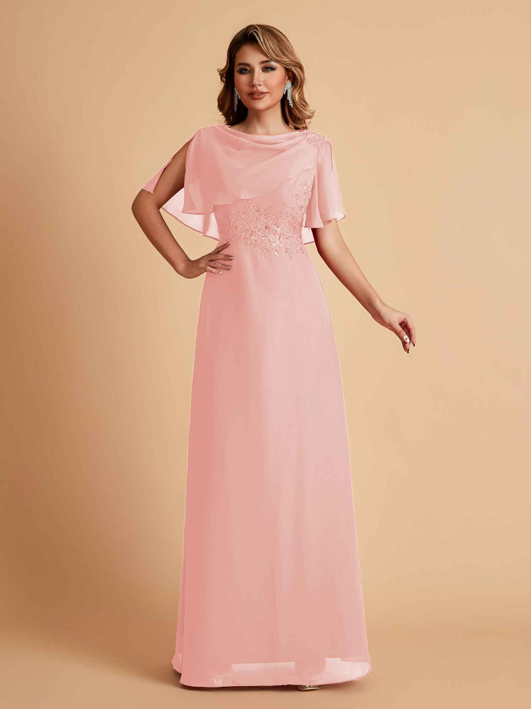 Elegant A-Line Chiffon Half Sleeves Cowl Neck Mother of the Brides Dresses Online UK