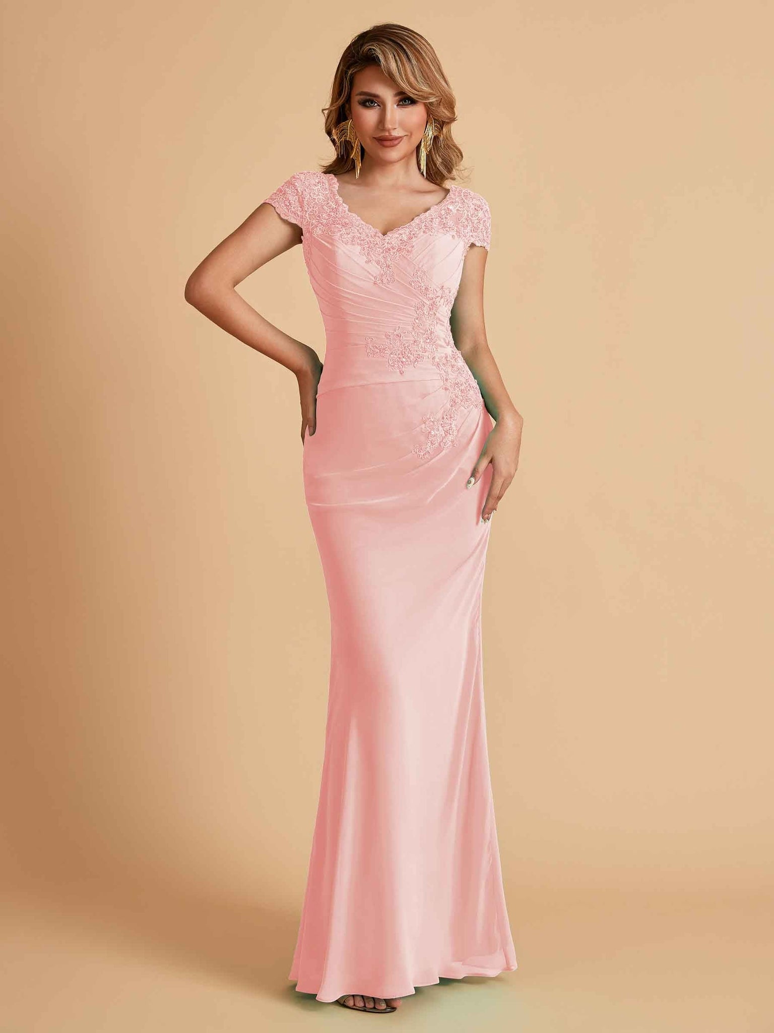 Elegant Mermaid Chiffon Cap Sleeves V-Neck Lace Mother of the Brides Dresses Online UK