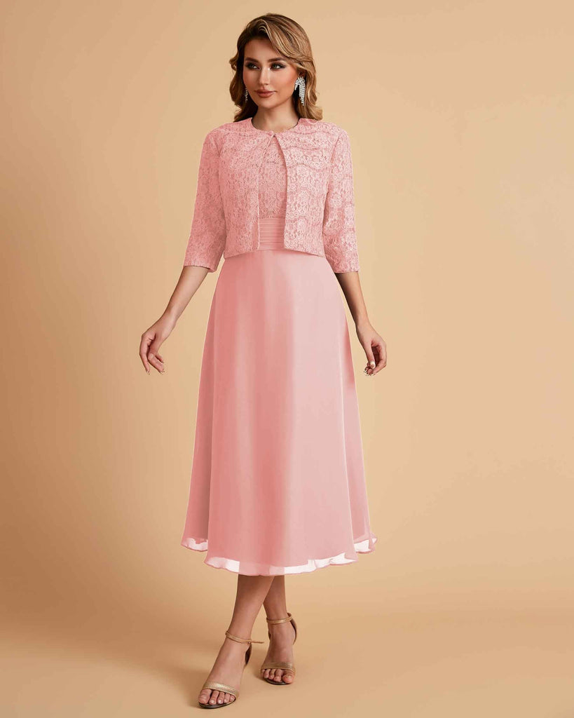 Elegant A-line Bateau Sleeveless Tea Length Short Mother of the Brides Dresses and Jacket