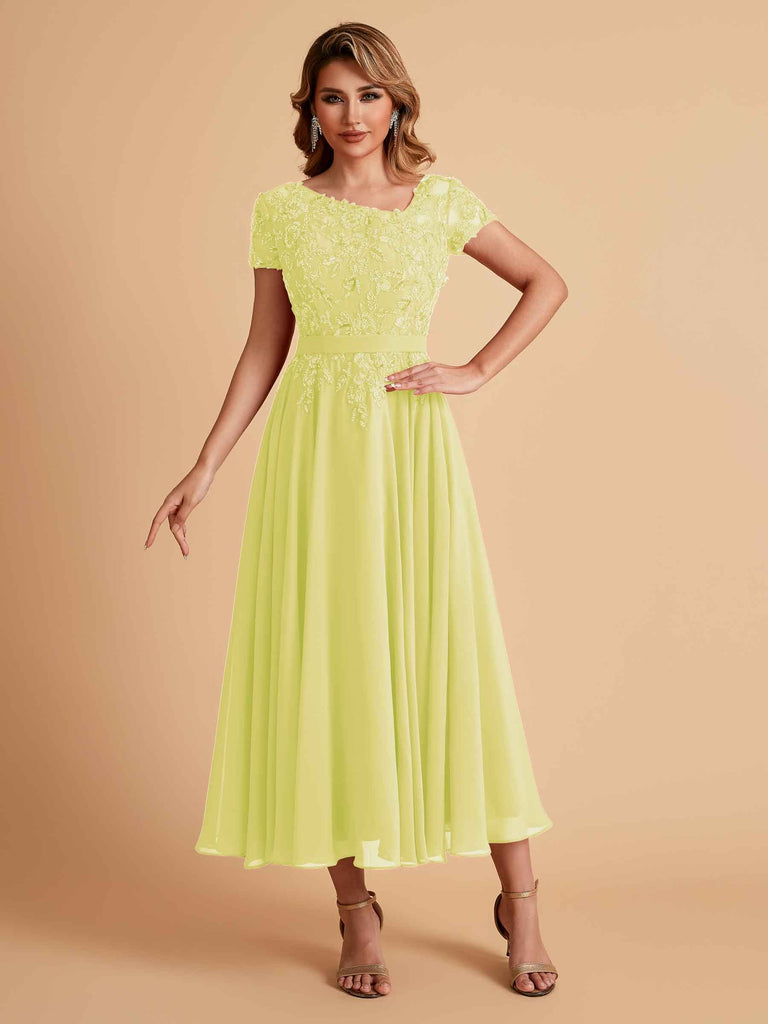 Elegant Chiffon Short Sleeves Short Midi Mother of the Brides Dresses UK Online