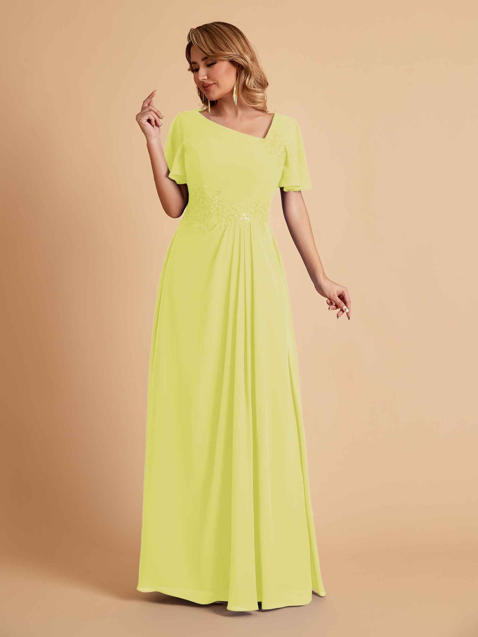 Elegant A-Line Chiffon Short Sleeves V-Neck Mother of the Brides Dresses Online