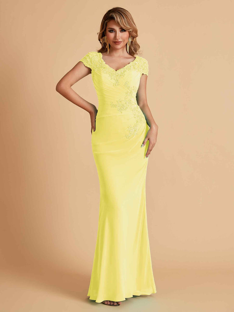 Elegant Mermaid Chiffon Cap Sleeves V-Neck Lace Mother of the Brides Dresses Online UK
