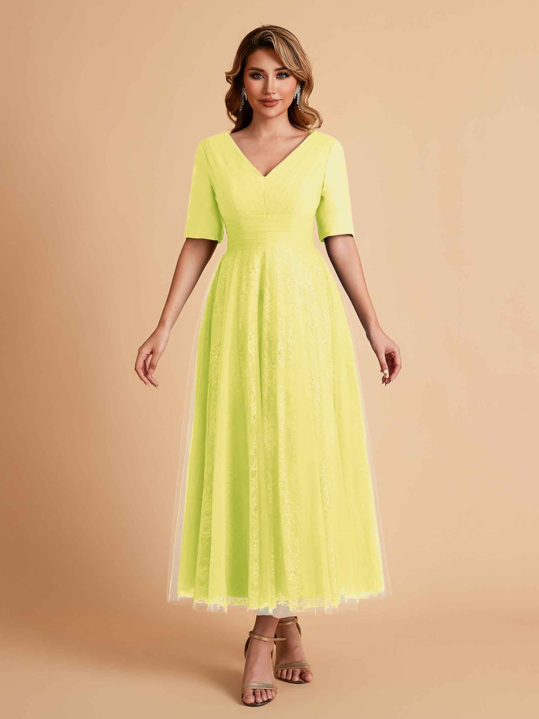 Elegant A-line Short Sleeves Tulle Lace V-neck Maxi Mother of the Brides Dresses Online UK