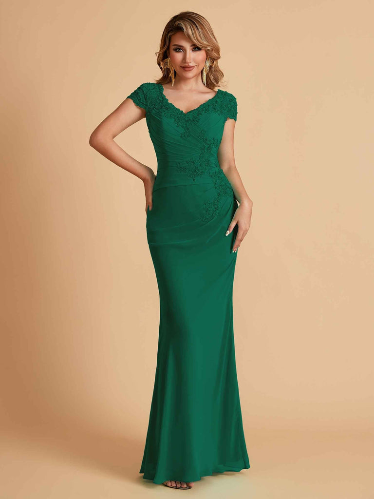 Elegant Mermaid Chiffon Cap Sleeves V-Neck Lace Mother of the Brides Dresses Online UK