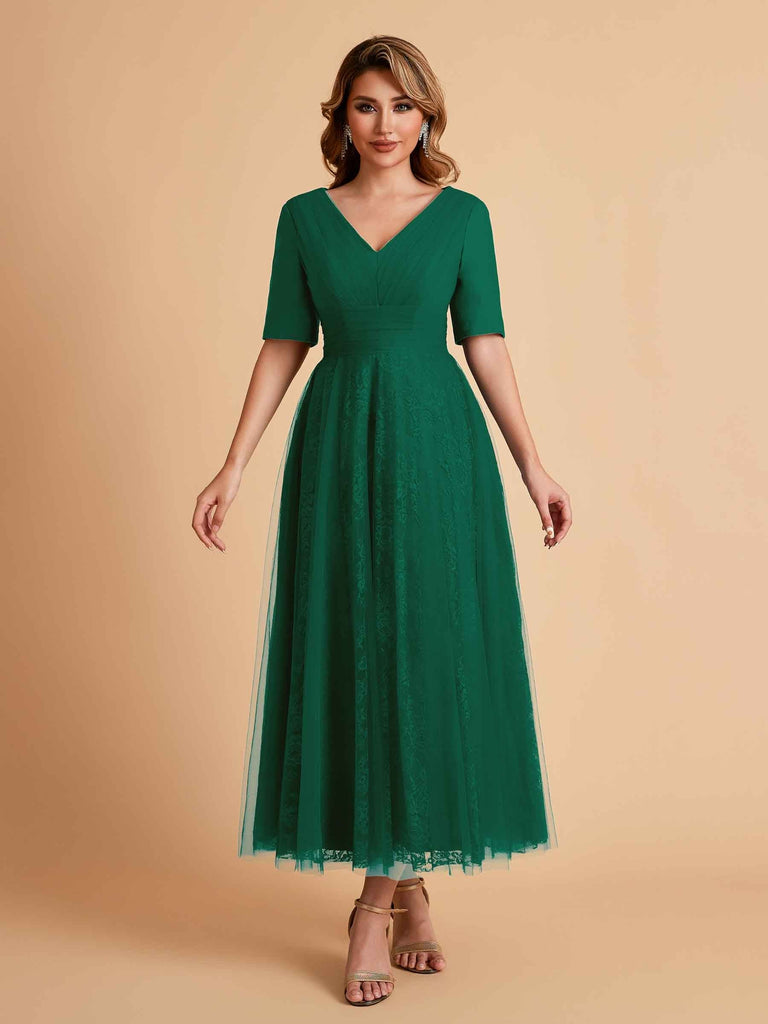 Elegant A-line Short Sleeves Tulle Lace V-neck Maxi Mother of the Brides Dresses Online UK