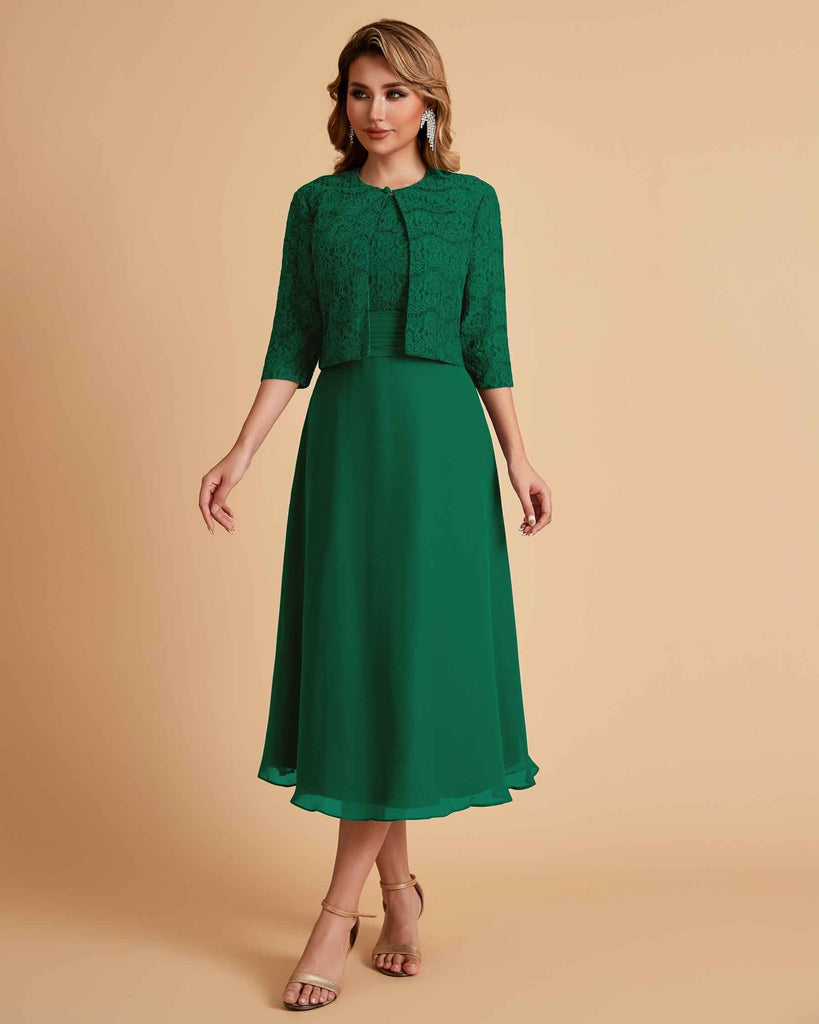 Elegant A-line Bateau Sleeveless Tea Length Short Mother of the Brides Dresses and Jacket