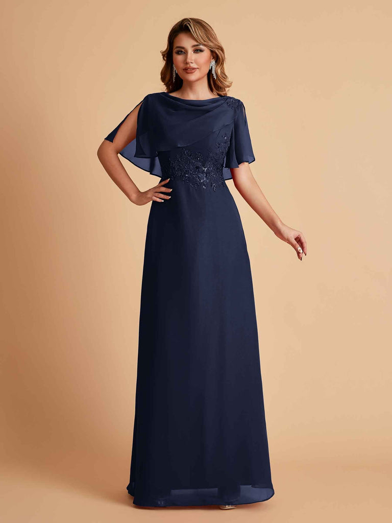 Elegant A-Line Chiffon Half Sleeves Cowl Neck Mother of the Brides Dresses Online UK