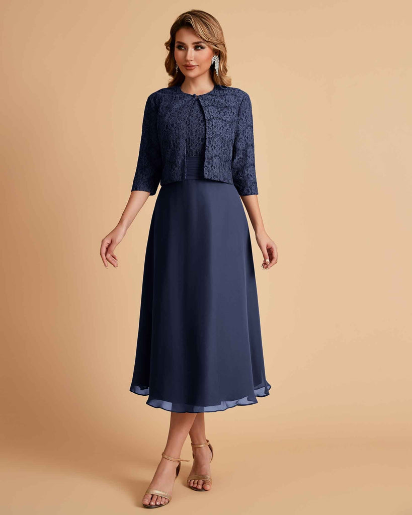 Elegant A-line Bateau Sleeveless Tea Length Short Mother of the Brides Dresses and Jacket