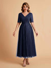 Elegant A-line Short Sleeves Tulle Lace V-neck Maxi Mother of the Brides Dresses Online UK