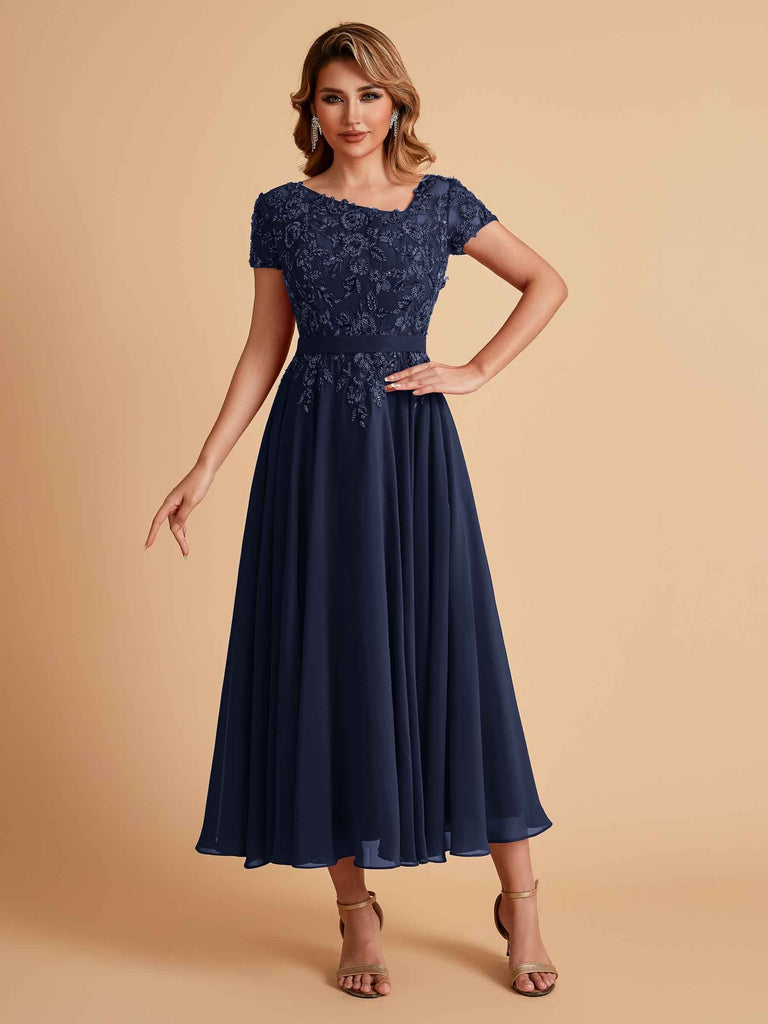 Elegant Chiffon Short Sleeves Short Midi Mother of the Brides Dresses UK Online
