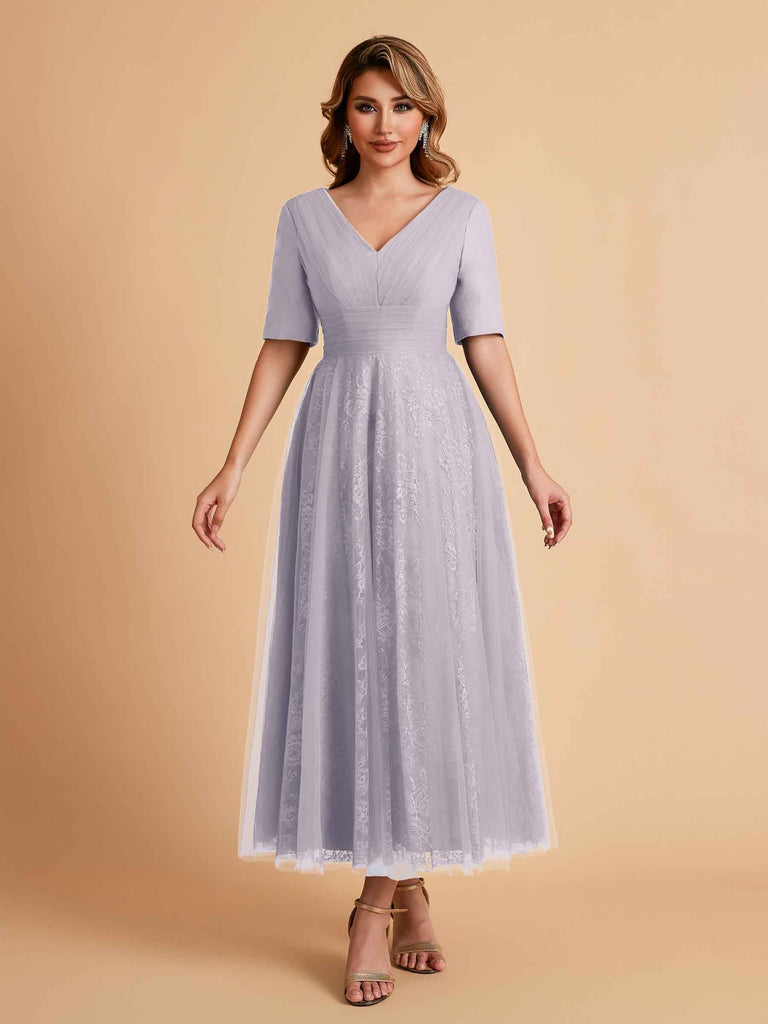 Elegant A-line Short Sleeves Tulle Lace V-neck Maxi Mother of the Brides Dresses Online UK