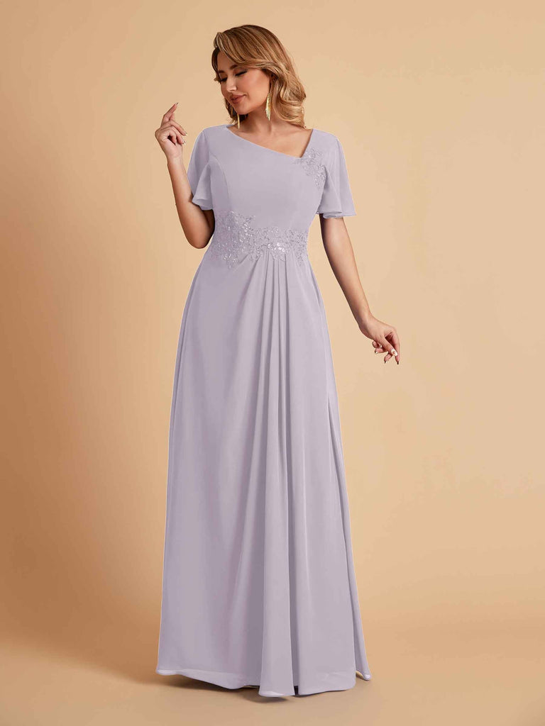 Elegant A-Line Chiffon Short Sleeves V-Neck Mother of the Brides Dresses Online