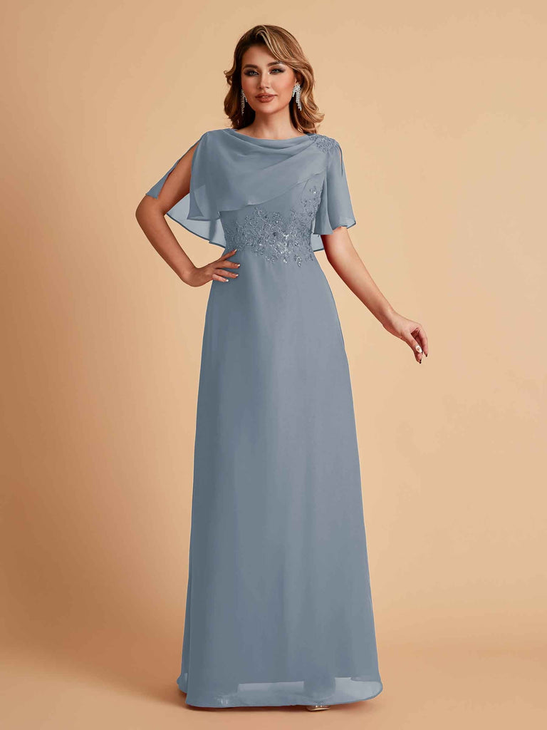 Elegant A-Line Chiffon Half Sleeves Cowl Neck Mother of the Brides Dresses Online UK