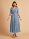 Elegant A-line Short Sleeves Tulle Lace V-neck Maxi Mother of the Brides Dresses Online UK
