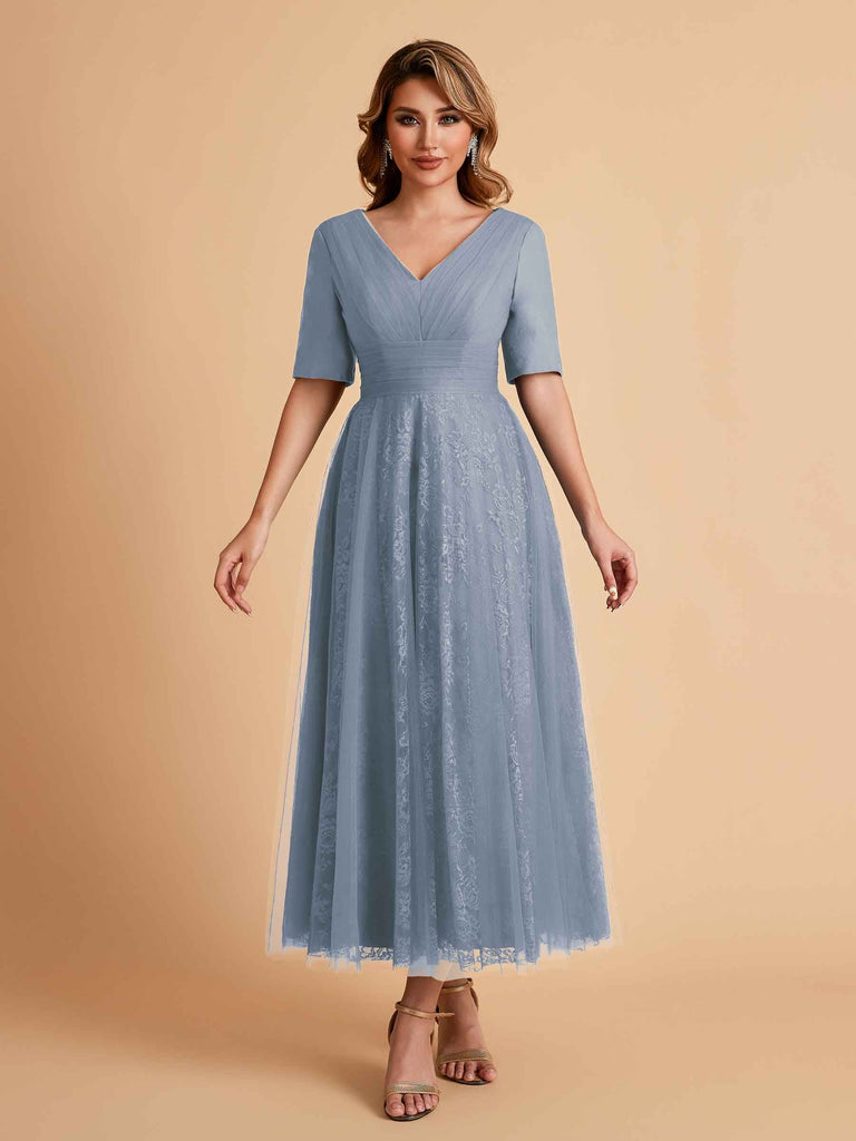 Elegant A-line Short Sleeves Tulle Lace V-neck Maxi Mother of the Brides Dresses Online UK