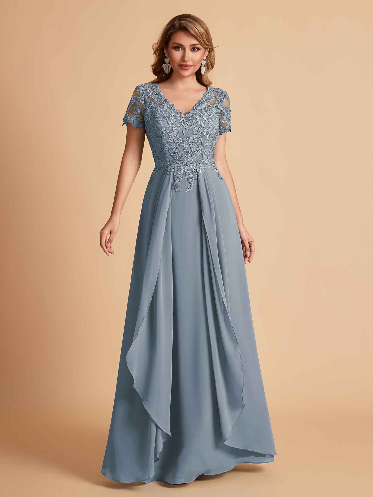Chiffon Short Sleeves V-neck Lace Mother of the Brides Dresses UK