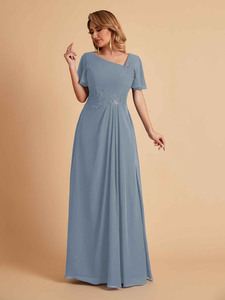 Elegant A-Line Chiffon Short Sleeves V-Neck Mother of the Brides Dresses Online