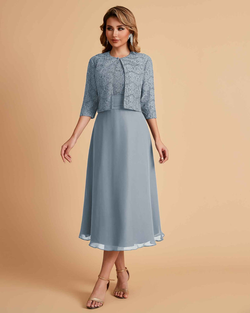 Elegant A-line Bateau Sleeveless Tea Length Short Mother of the Brides Dresses and Jacket