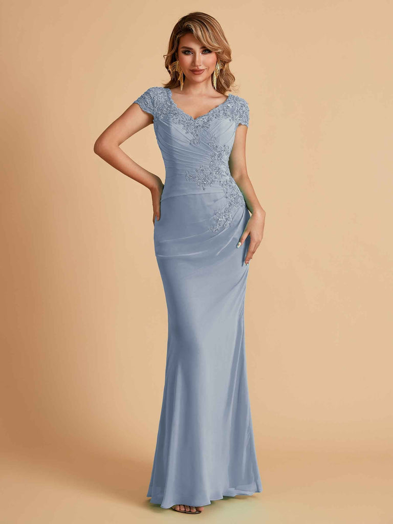 Elegant Mermaid Chiffon Cap Sleeves V-Neck Lace Mother of the Brides Dresses Online UK