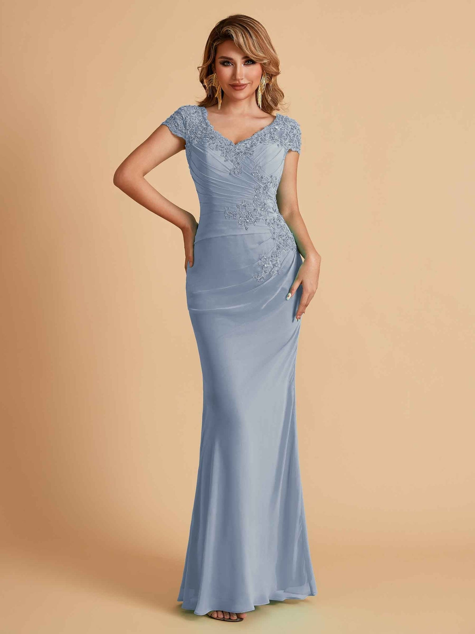 Elegant Mermaid Chiffon Cap Sleeves V-Neck Lace Mother of the Brides Dresses Online UK
