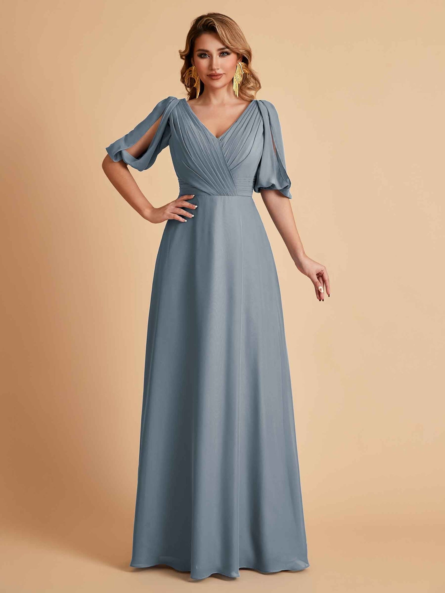 Elegant Chiffon Half Sleeves V-Neck Mother of the Brides Dresses UK Online