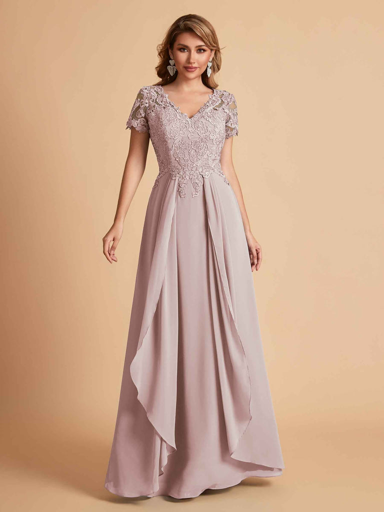 Chiffon Short Sleeves V-neck Lace Mother of the Brides Dresses UK
