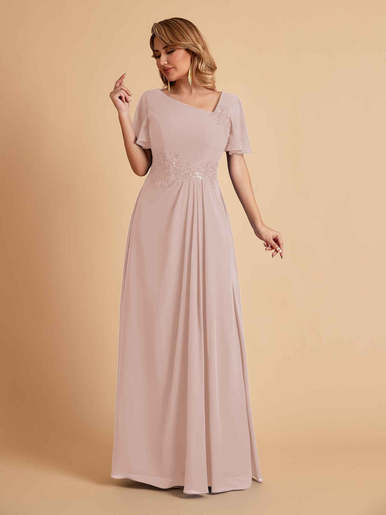 Elegant A-Line Chiffon Short Sleeves V-Neck Mother of the Brides Dresses Online