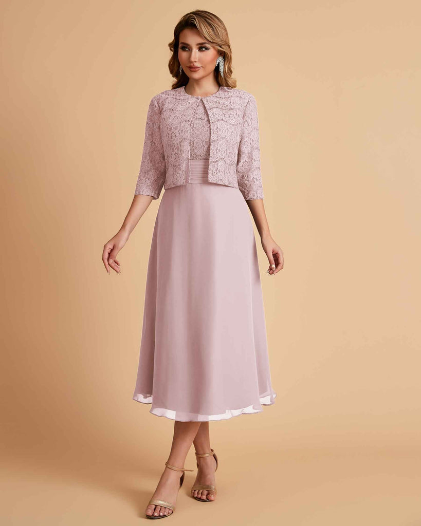 Elegant A-line Bateau Sleeveless Tea Length Short Mother of the Brides Dresses and Jacket